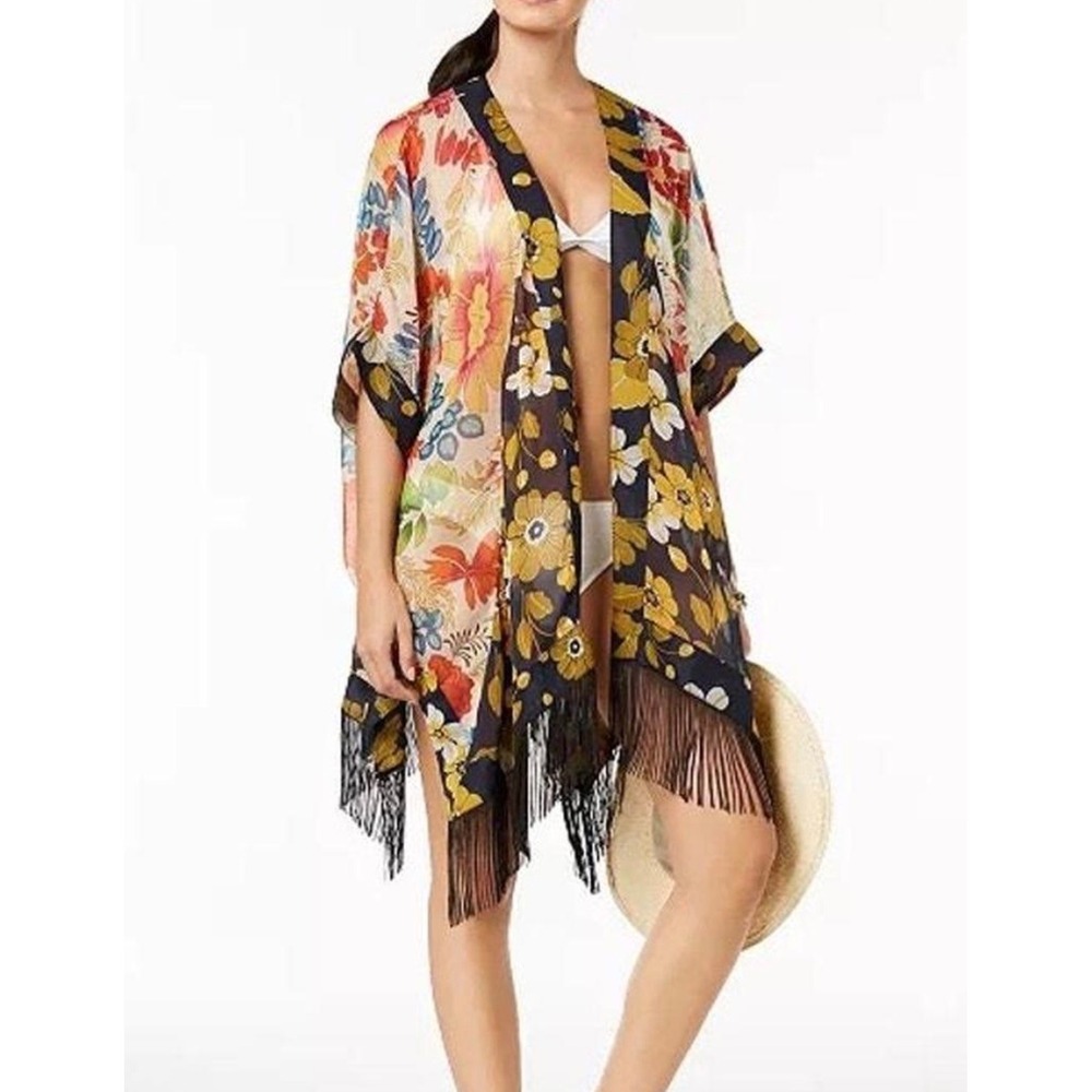 Boho whimsi Y2K Floral Fringe Kimono Cover Up Sheer Boho Wrap OneSize MultiColor